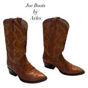 Joe Boots by Arles Cognac Ostrich Print Leather Western Cowboy Boots Size 7